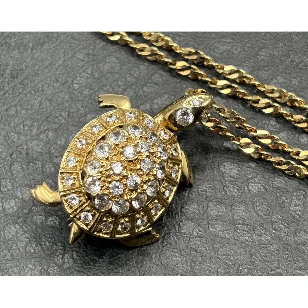 Vermeil Sterling Silver Moving Turtle Rhinestone Pendant Necklace 30